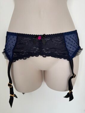 Agent Provocateur Black Navy Sheer Dotted Mesh Lace Trim Garter Belt 2 XS